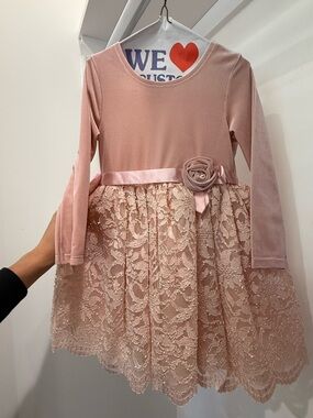 Bonnie Jean Blush Pink Lace & Satin Rose Long-Sleeve Party Dress